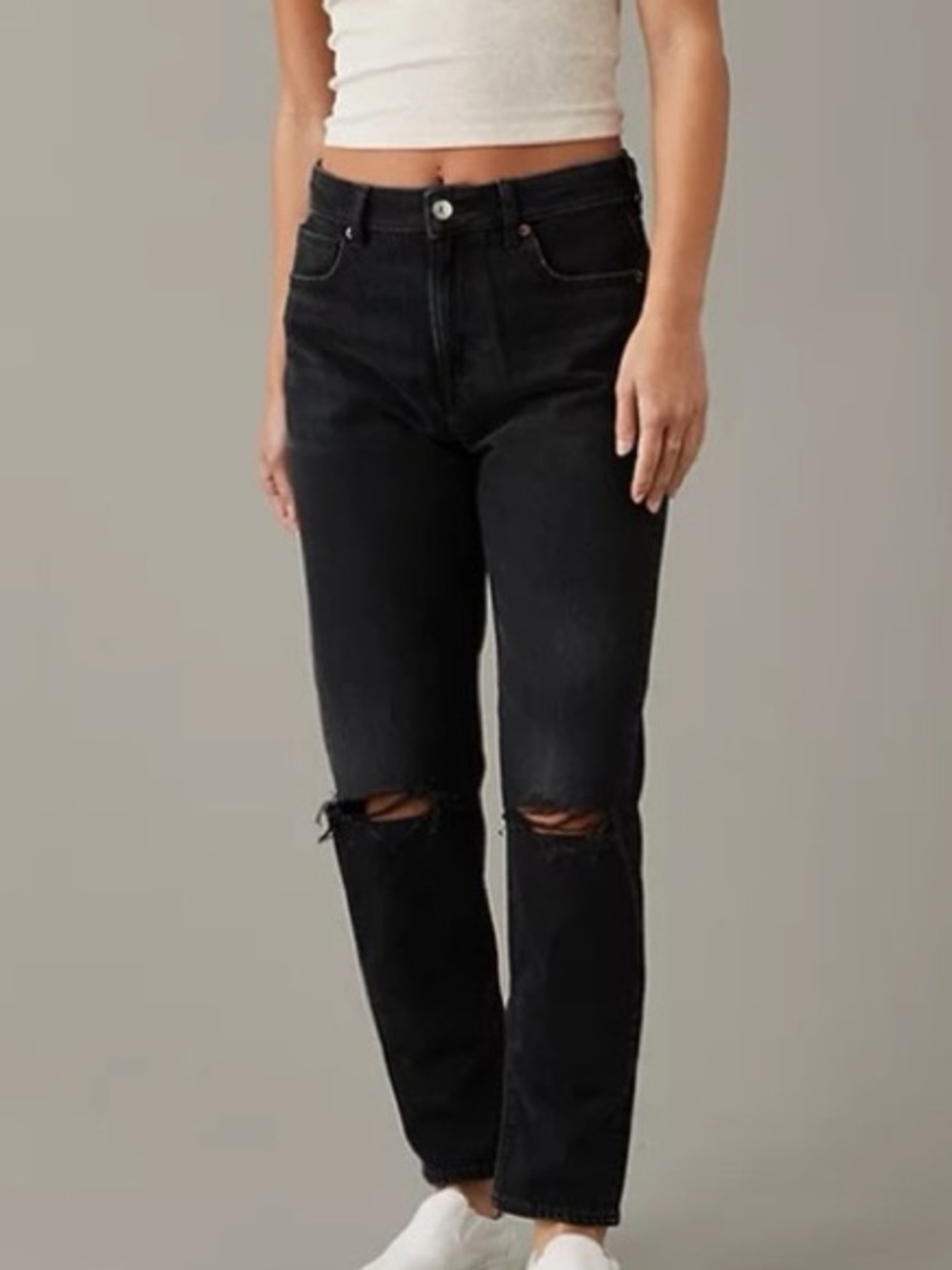 American Eagle High Rise Black Distressed Mom Straight Jeans